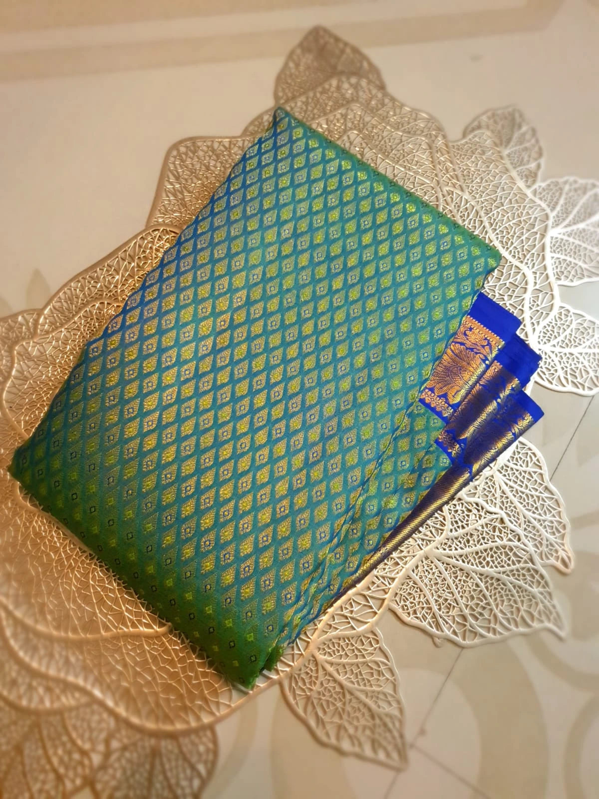 2G Pure Kanjivaram Bridal Silk Saree with green & peacock blue| Silkmark Certified
