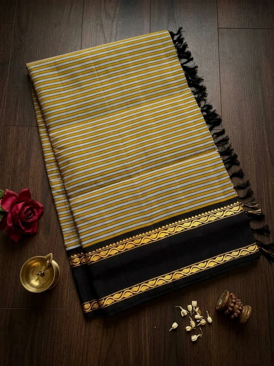 Lightweight Pure Kanjivaram Silk Saree in Mustard Yellow & Black with Gold Zari Stripes | Silkmark Certified