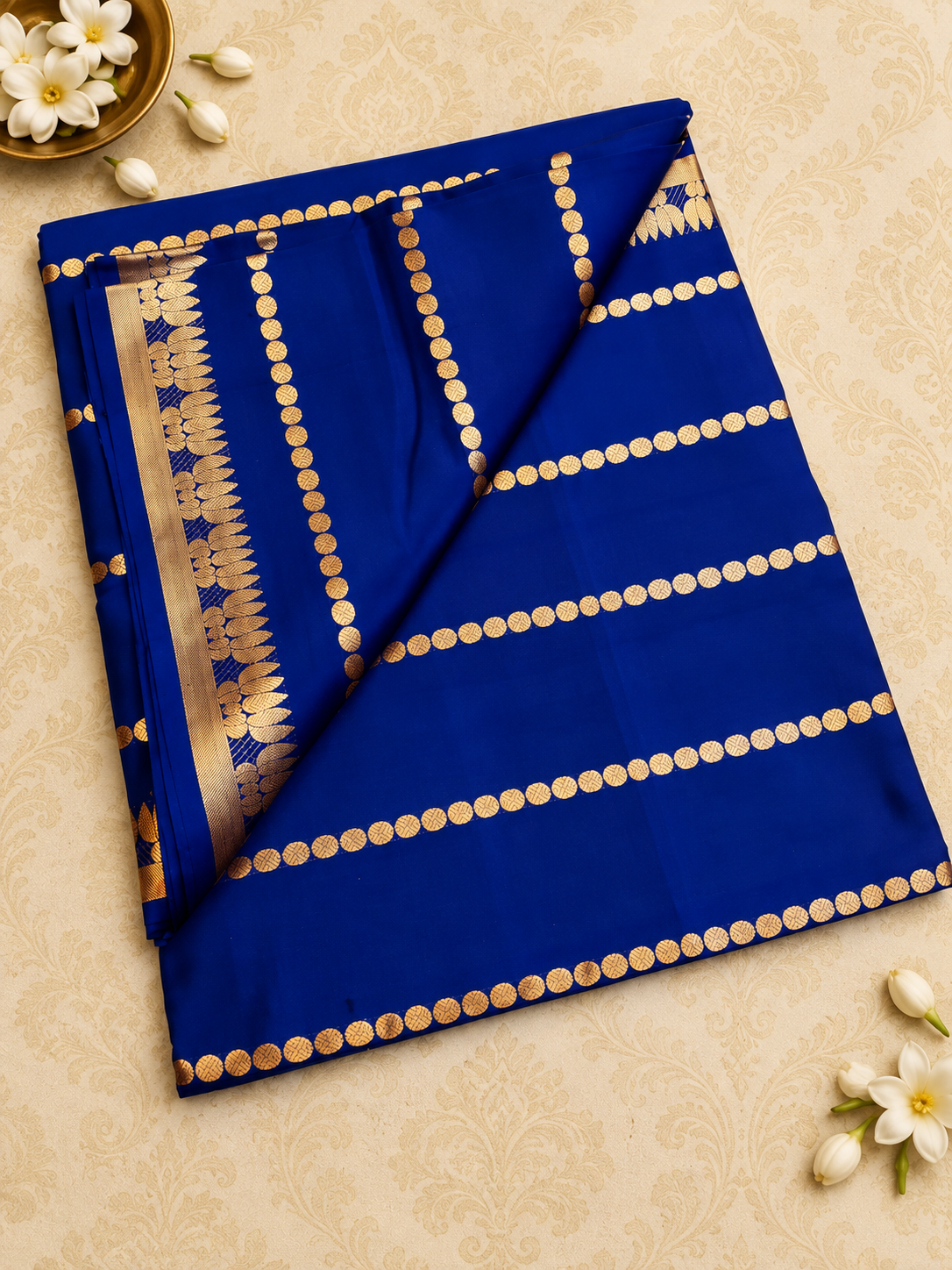 Pure Soft Silk Kanjivaram Silk Saree in Royal Blue with Gold Zari Stripes & Contrast Chilli Red Pallu | Silkmark Certified