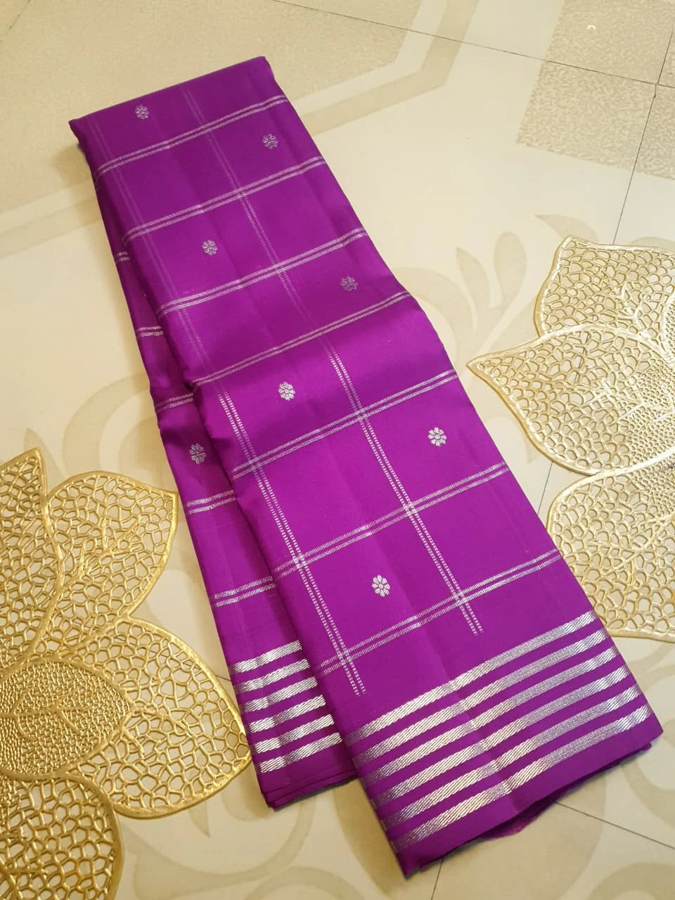 2G Pure Kanjivaram Silk Saree in Rich Purple with Silver Zari Checks & Floral Buttas | Silkmark Certified