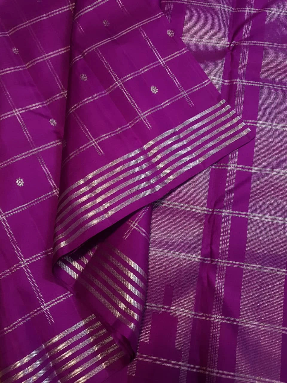 2G Pure Kanjivaram Silk Saree in Rich Purple with Silver Zari Checks & Floral Buttas | Silkmark Certified