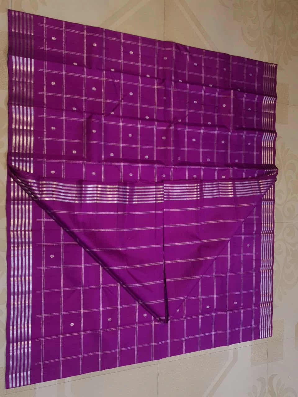 2G Pure Kanjivaram Silk Saree in Rich Purple with Silver Zari Checks & Floral Buttas | Silkmark Certified