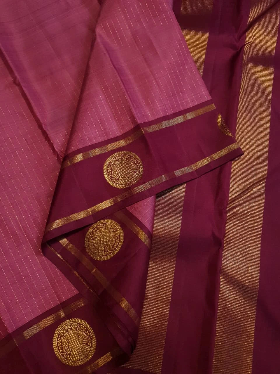2G Pure Kanjivaram Silk Saree in Magenta Pink with Maroon Border & Gold Zari Peacock Buttas | Silkmark Certified