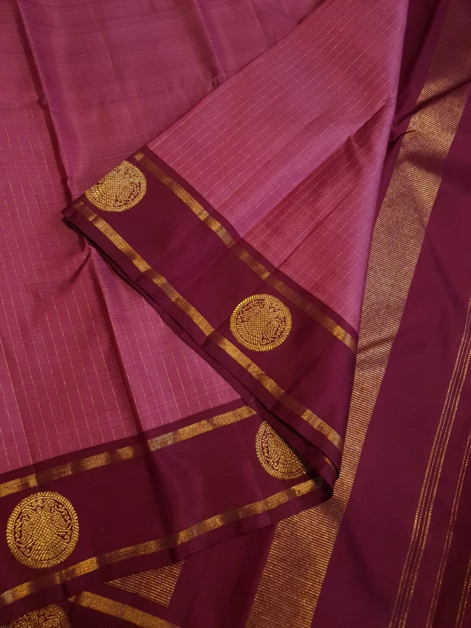 2G Pure Kanjivaram Silk Saree in Magenta Pink with Maroon Border & Gold Zari Peacock Buttas | Silkmark Certified