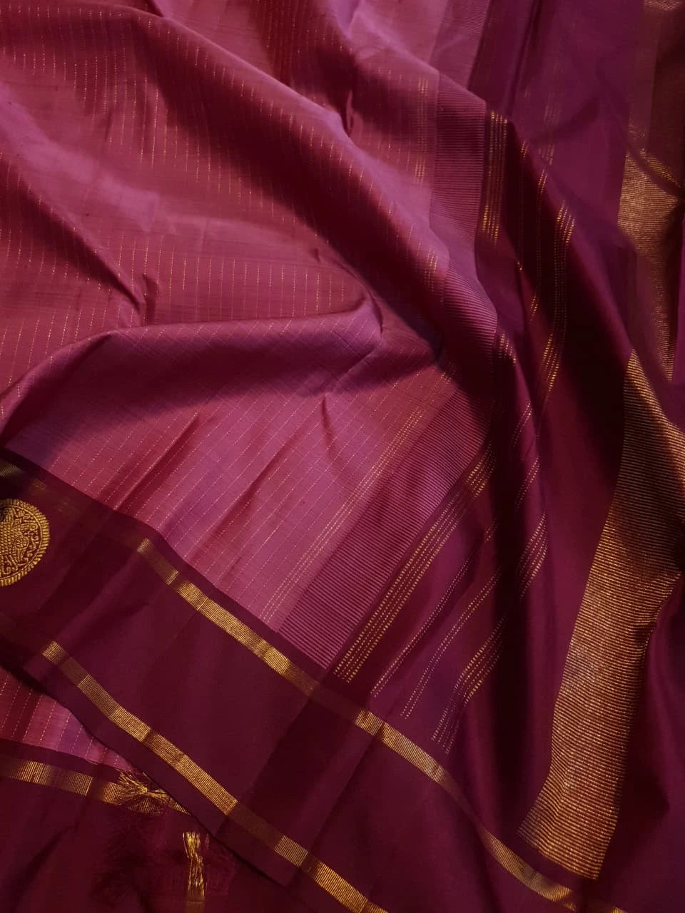 2G Pure Kanjivaram Silk Saree in Magenta Pink with Maroon Border & Gold Zari Peacock Buttas | Silkmark Certified