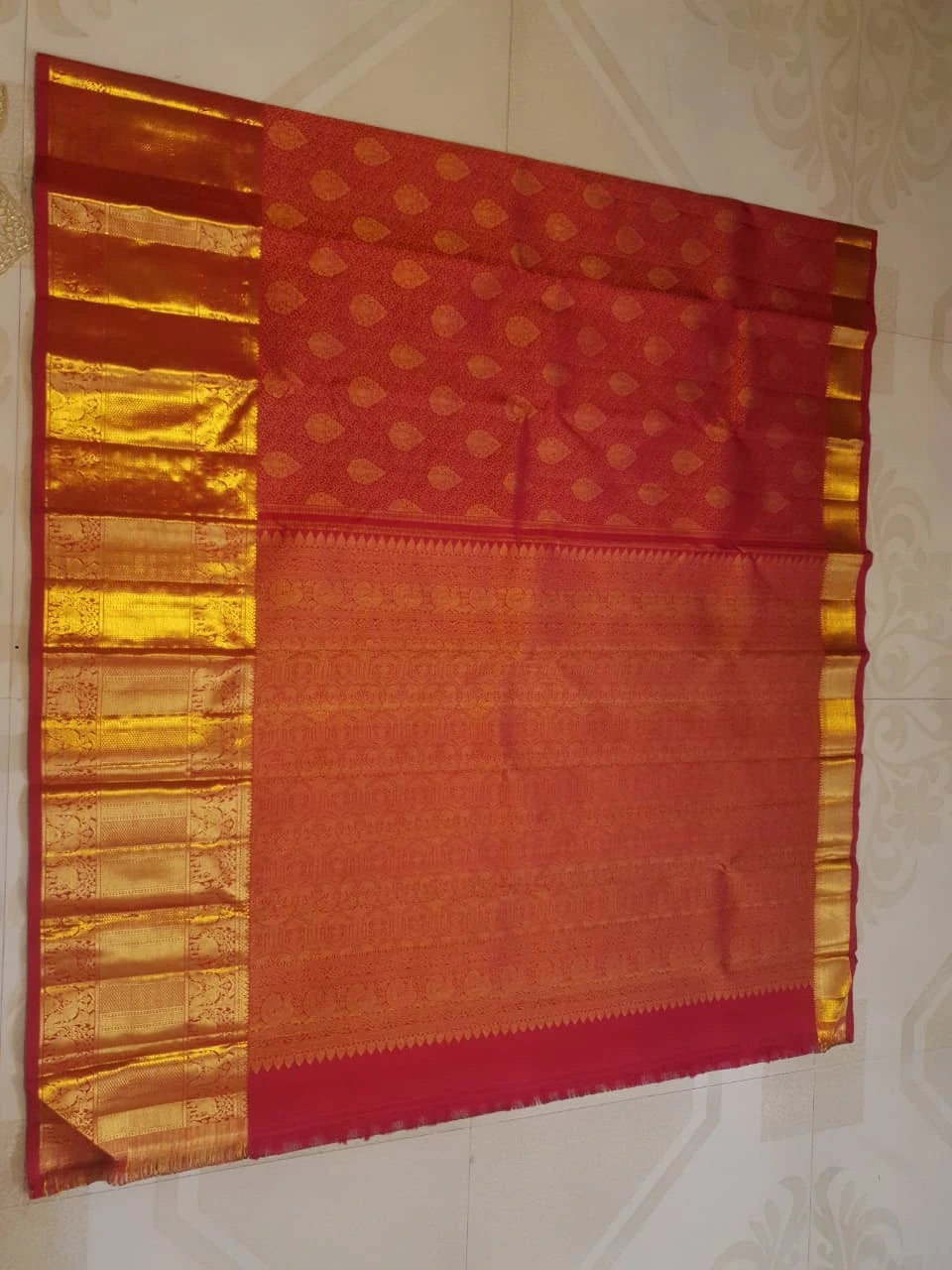 2G Kanjivaram Silk Saree in Vermilion Red with Rich Gold Zari Butta & Traditional Broad Border | Silkmark Certified