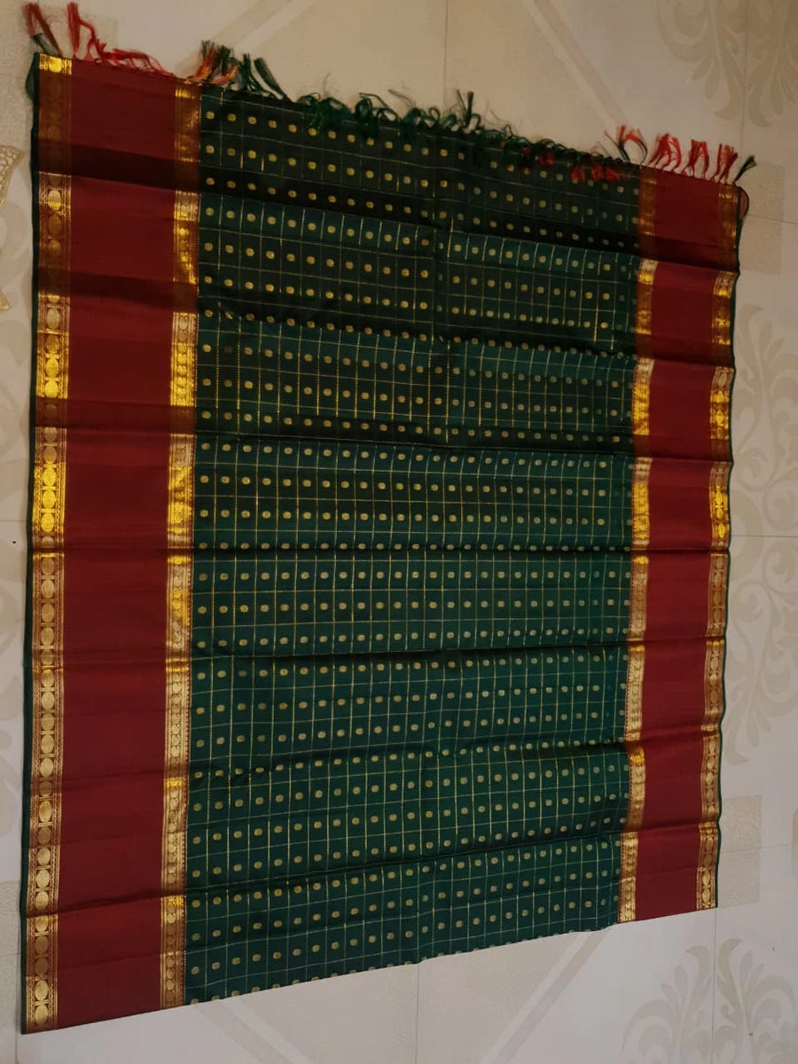 2G Pure Korvai Kanjivaram Silk Saree in Deep Bottle Green with Maroon Contrast Border, Gold Zari Checks & Traditional Zari Motifs | Silkmark Certified