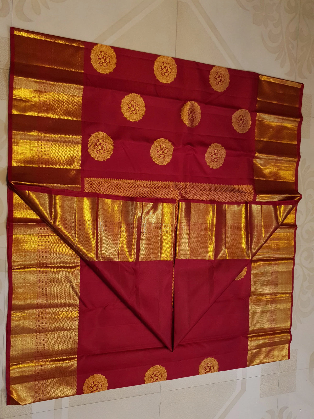 2G Pure Kanjivaram Silk Saree in Deep Red with Rich Gold Zari Circular Floral Butta & Broad Geometric Zari Border | Silkmark Certified