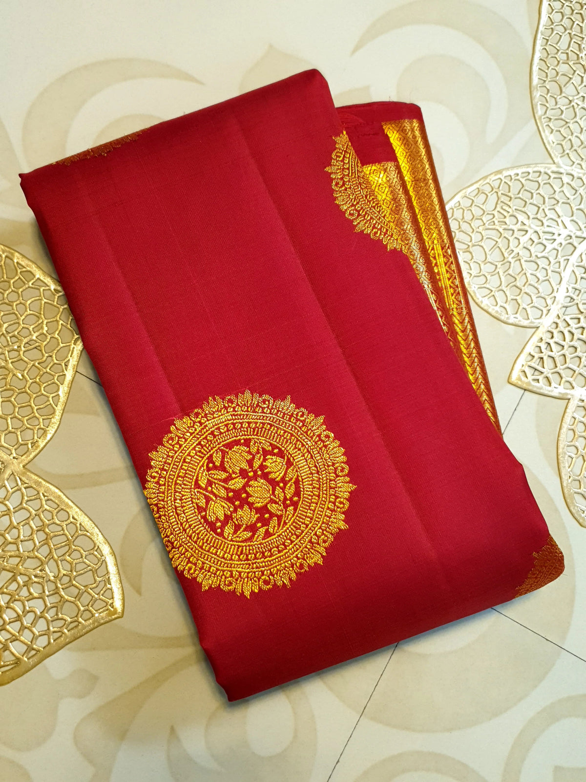 2G Pure Kanjivaram Silk Saree in Deep Red with Rich Gold Zari Circular Floral Butta & Broad Geometric Zari Border | Silkmark Certified