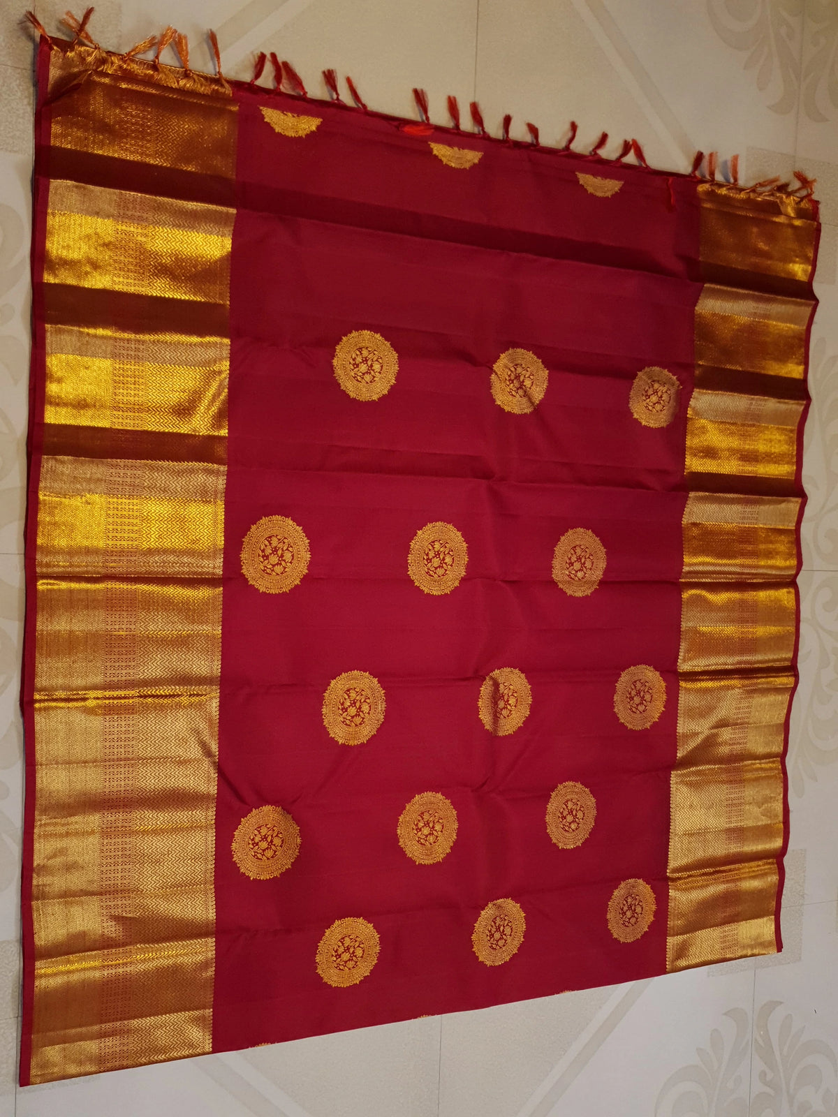2G Pure Kanjivaram Silk Saree in Deep Red with Rich Gold Zari Circular Floral Butta & Broad Geometric Zari Border | Silkmark Certified