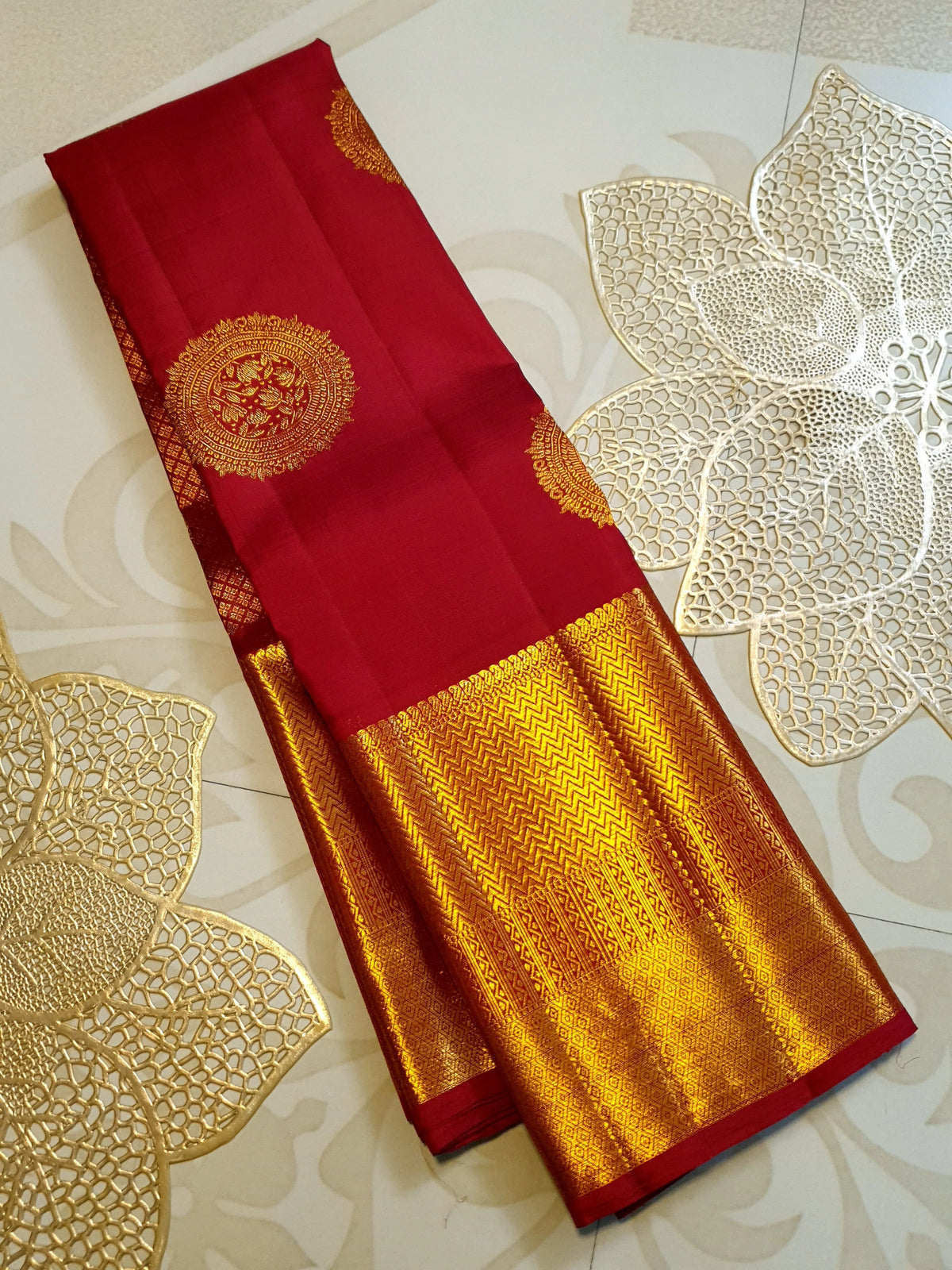 2G Pure Kanjivaram Silk Saree in Deep Red with Rich Gold Zari Circular Floral Butta & Broad Geometric Zari Border | Silkmark Certified