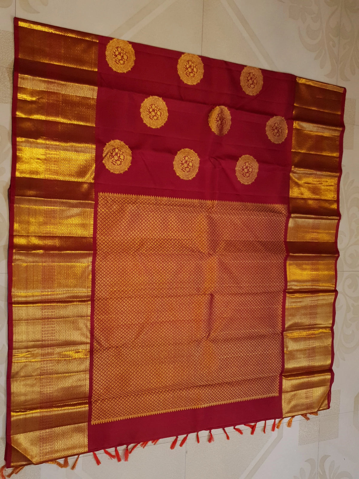 2G Pure Kanjivaram Silk Saree in Deep Red with Rich Gold Zari Circular Floral Butta & Broad Geometric Zari Border | Silkmark Certified