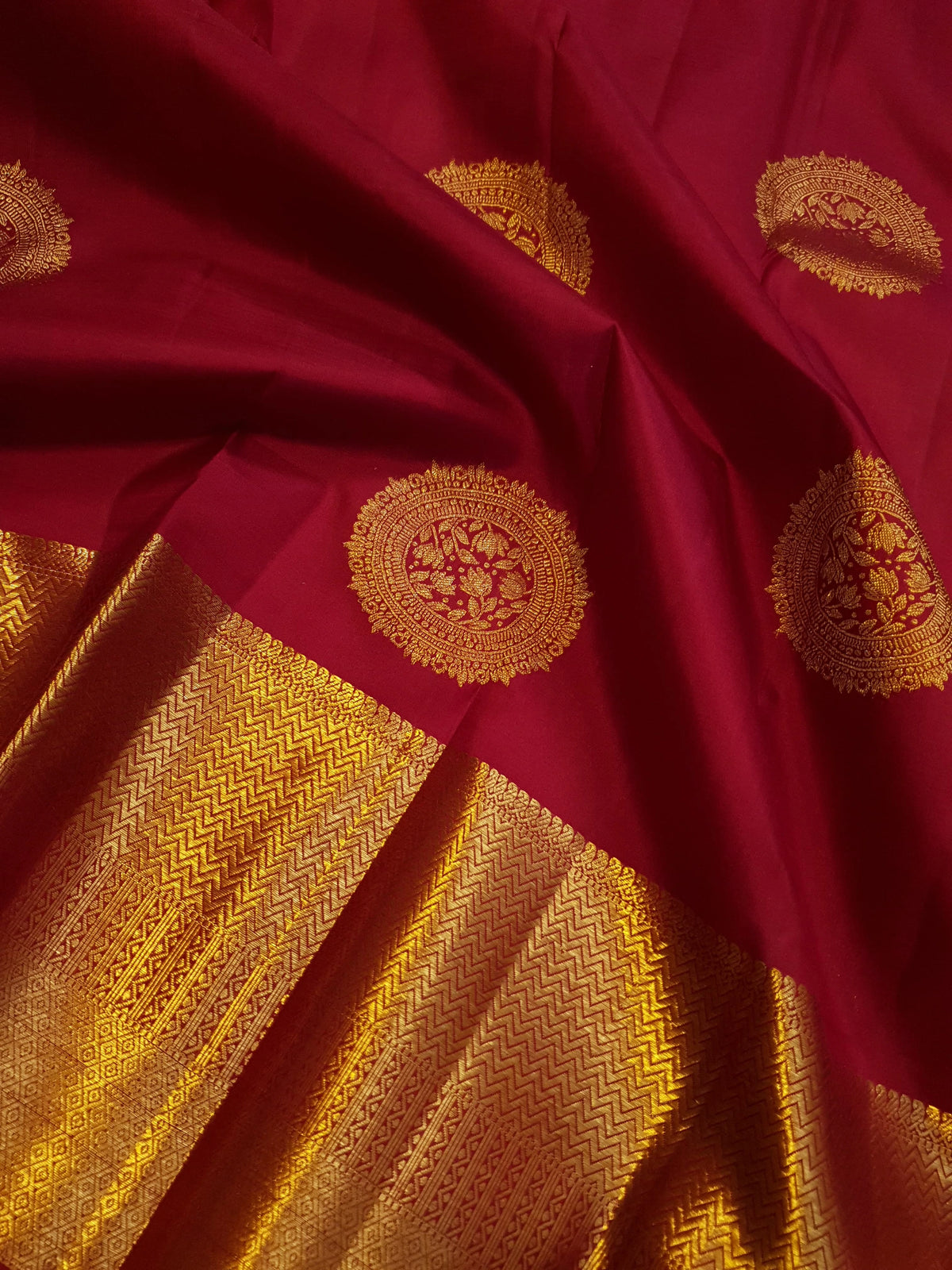 2G Pure Kanjivaram Silk Saree in Deep Red with Rich Gold Zari Circular Floral Butta & Broad Geometric Zari Border | Silkmark Certified