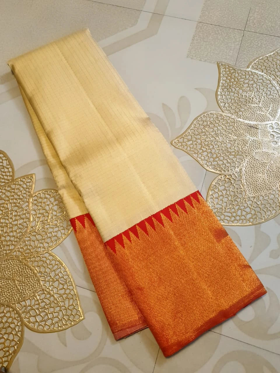 2G Cream & Orange Pure Kanjivaram Silk Saree with Rich Orange Border & Traditional Temple-Style | Silkmark Certified