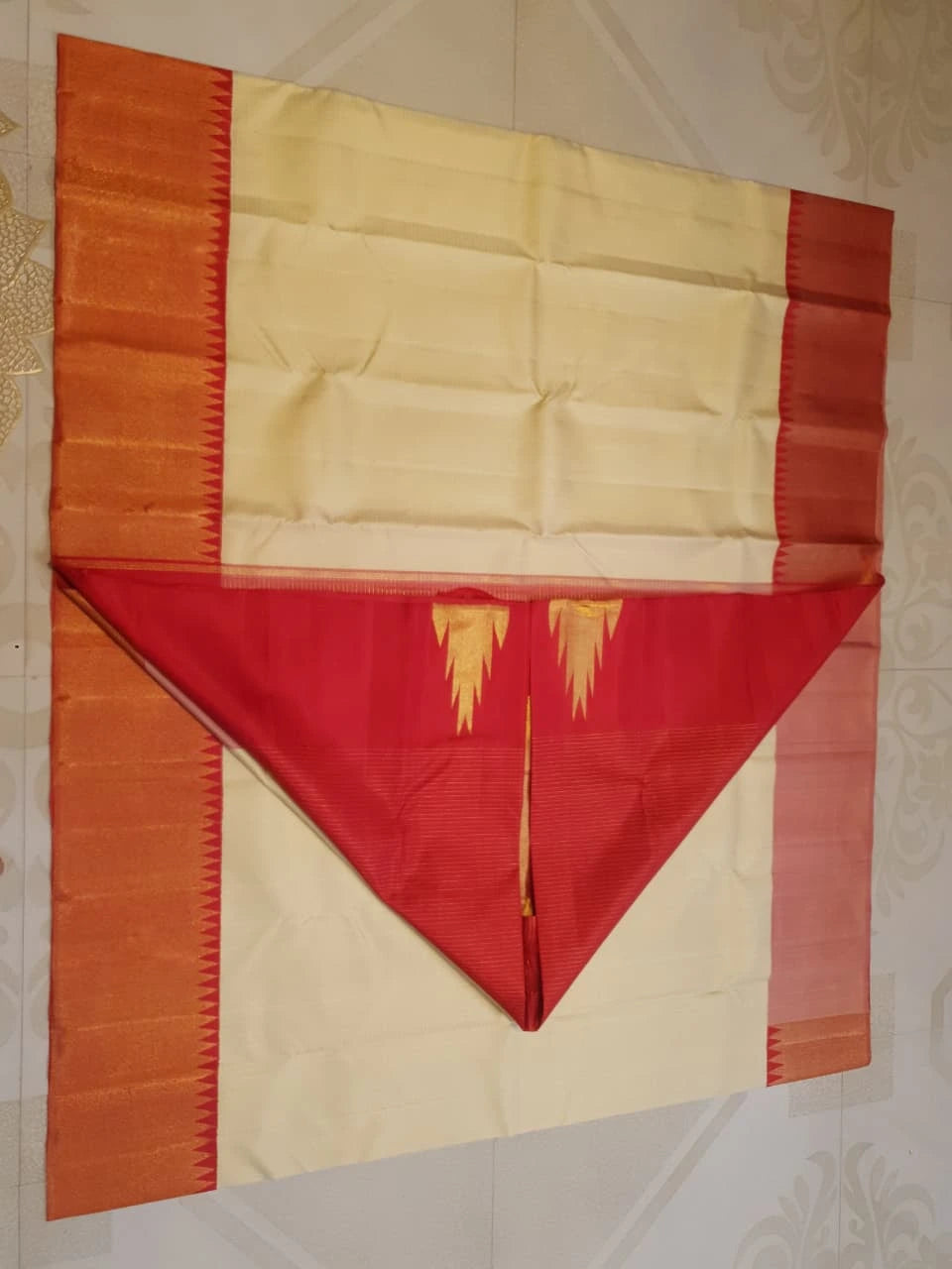 2G Cream & Orange Pure Kanjivaram Silk Saree with Rich Orange Border & Traditional Temple-Style | Silkmark Certified