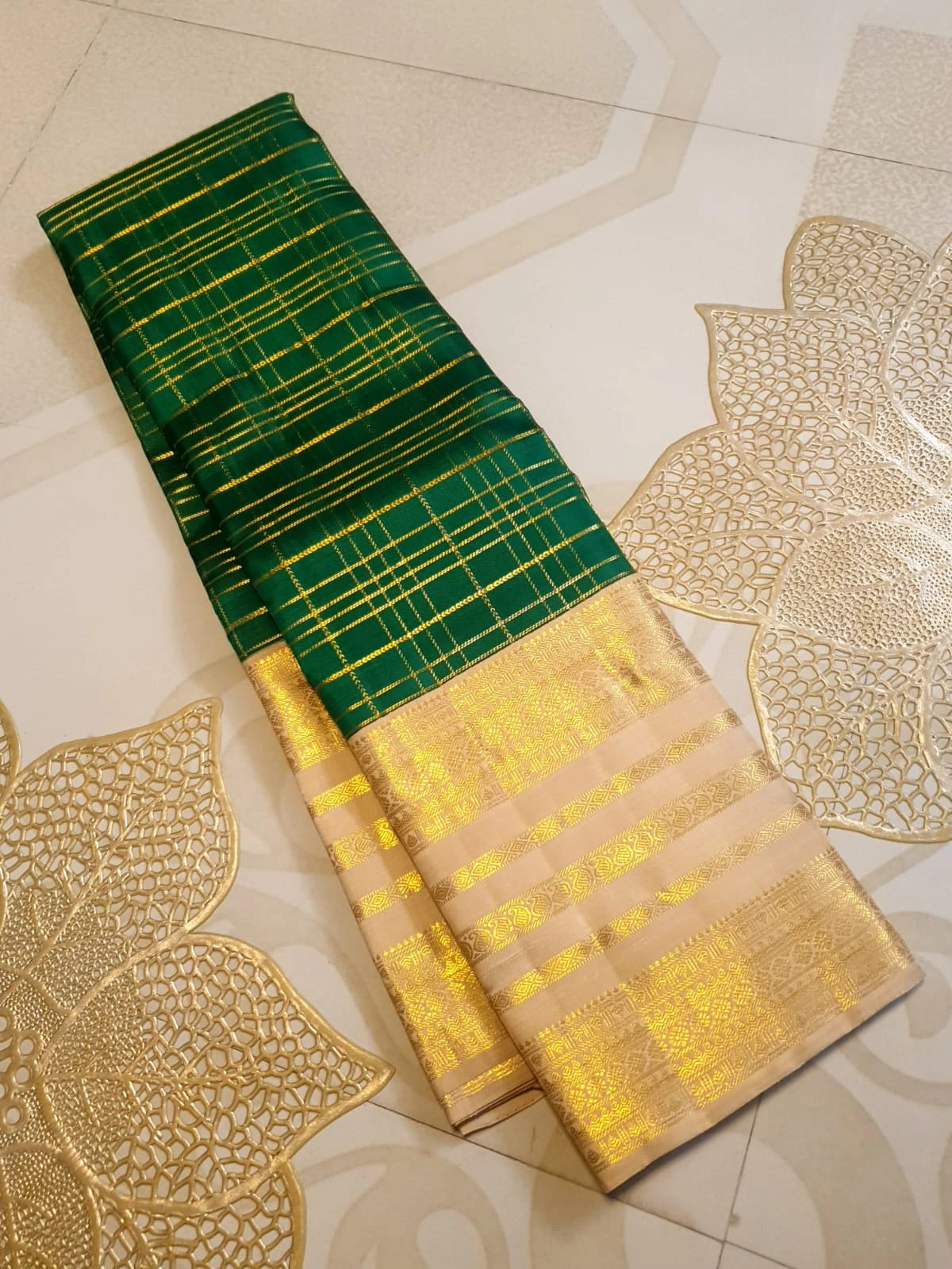 2G Pure Zari Kanjivaram Silk Saree in Bottle Green with Rich Gold Zari Checks & Traditional Broad Border | Silkmark Certified