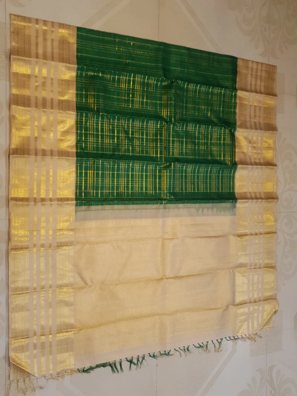 2G Pure Zari Kanjivaram Silk Saree in Bottle Green with Rich Gold Zari Checks & Traditional Broad Border | Silkmark Certified