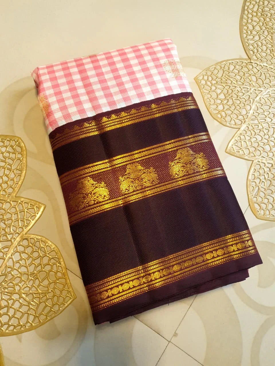 2G Pure Pink Checked Korvai Kanjivaram Silk Saree with Peacock Maroon Border