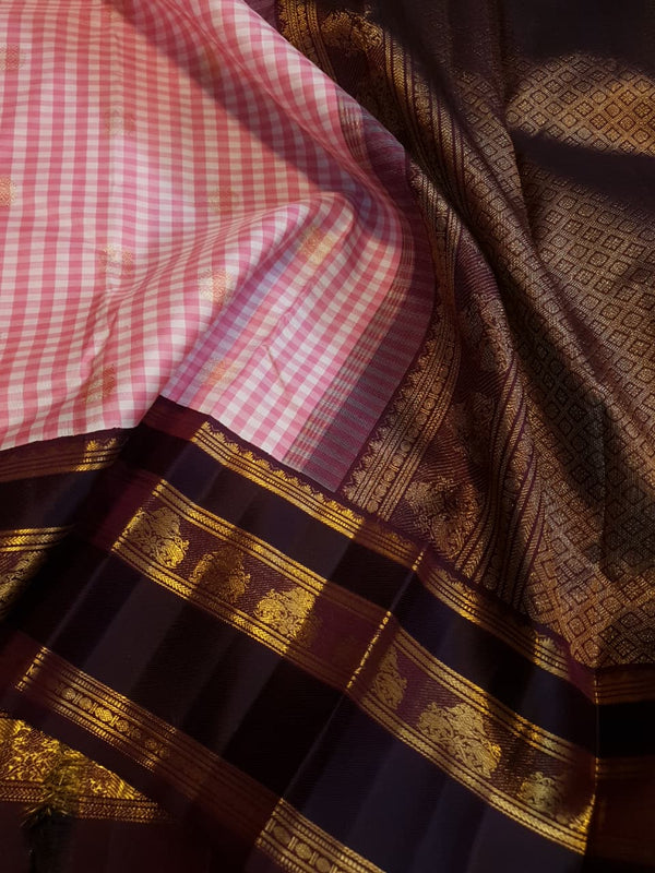 2G Korvai Pure Pink Checked Kanjivaram Silk Saree with Peacock Maroon Border | SILKMARK CERTIFIED