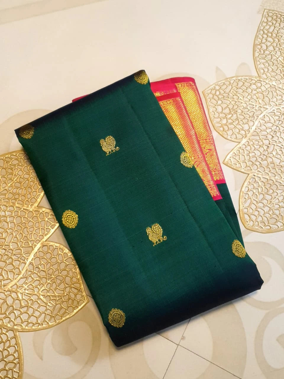 2G Korvai Pure Kanjivaram Silk Saree in Dark Green with Pink Red Zari Peacock Border & Peacock Butta | Silkmark Certified