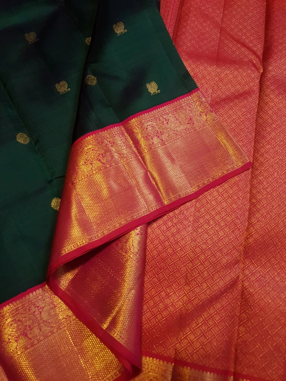 2G Korvai Pure Kanjivaram Silk Saree in Dark Green with Pink Red Zari Peacock Border & Peacock Butta | Silkmark Certified