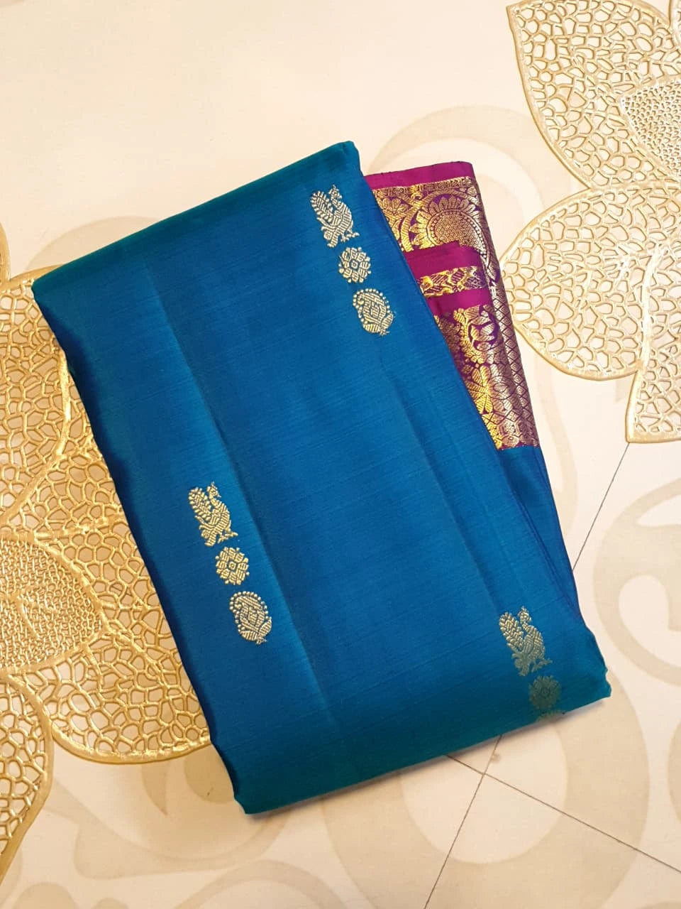 2G Pure Korvai Kanjivaram Silk Saree in Peacock Blue with Wine Purple Rich Gold Zari Border | Silkmark Certified