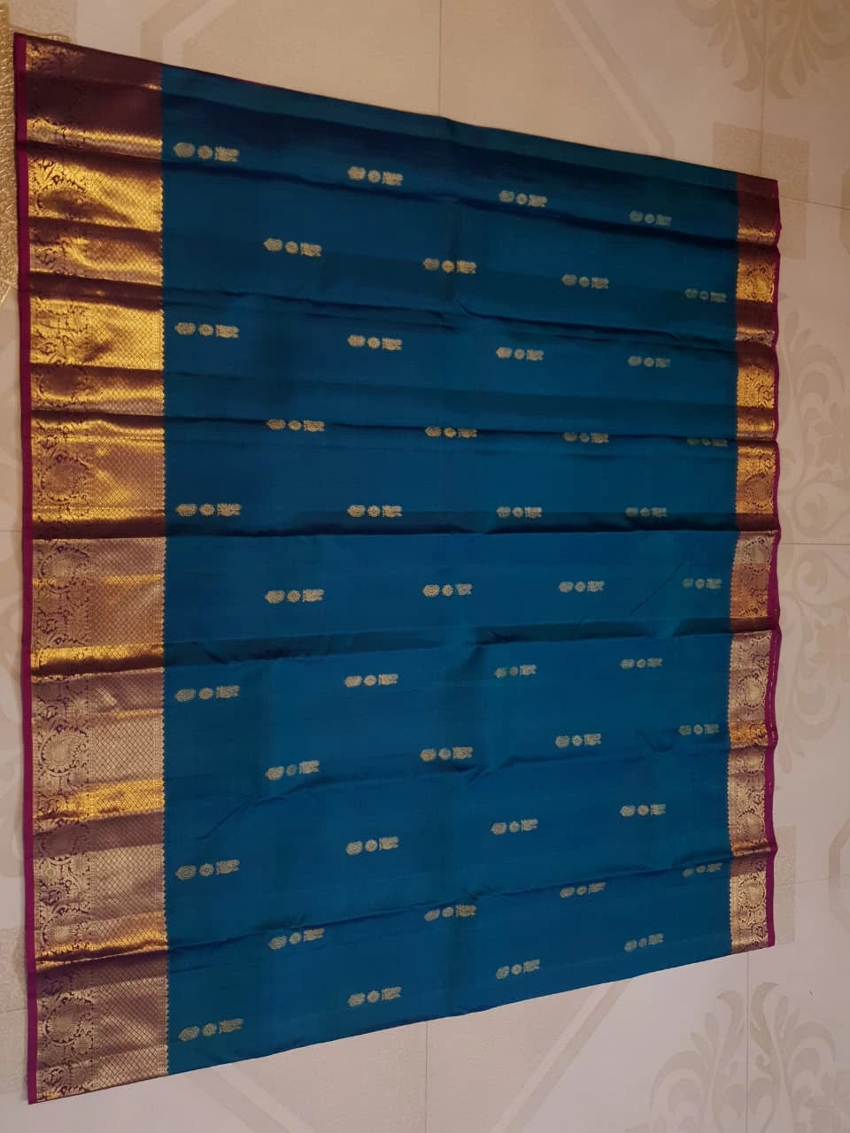2G Pure Korvai Kanjivaram Silk Saree in Peacock Blue with Wine Purple Rich Gold Zari Border | Silkmark Certified