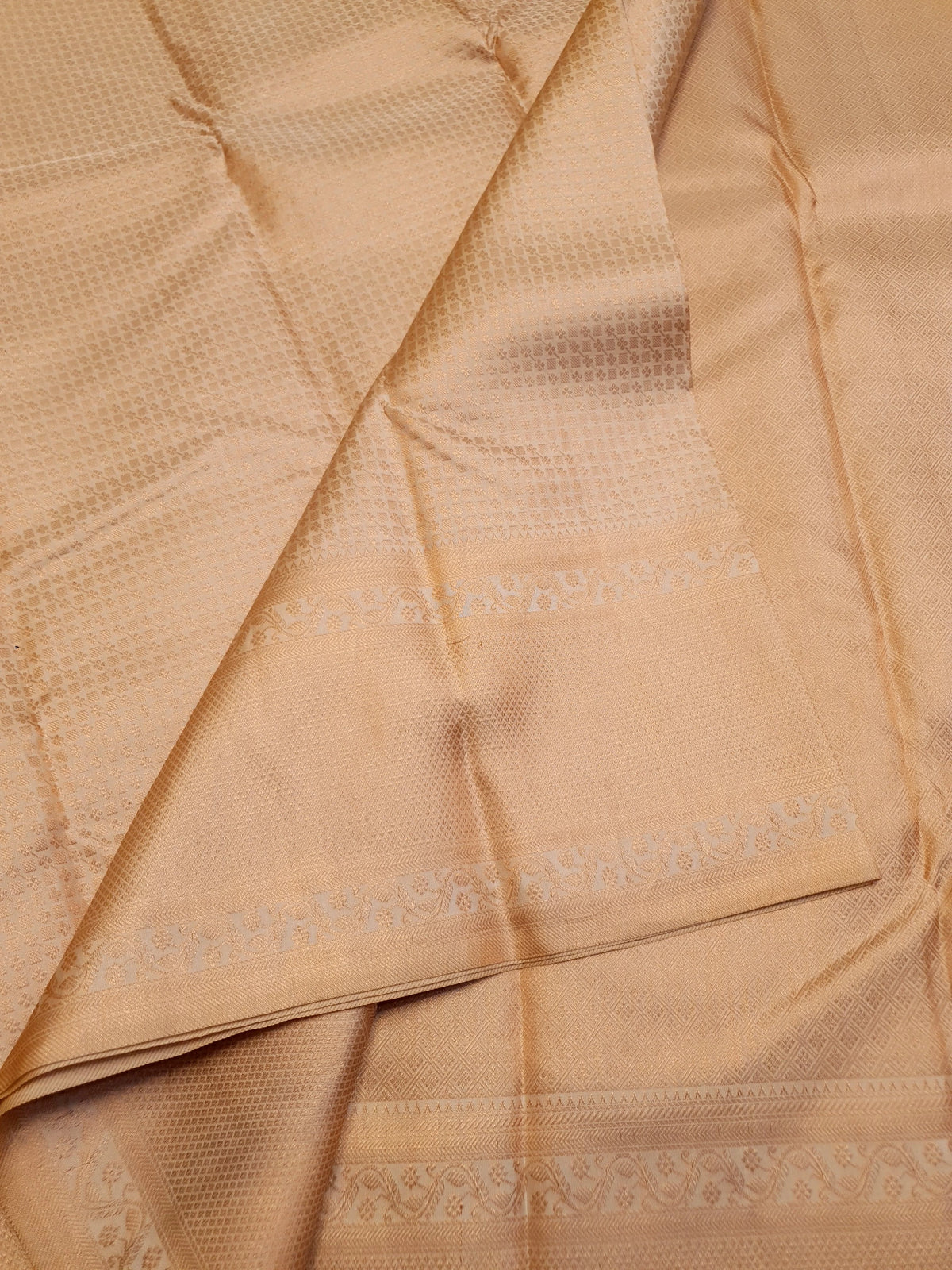 2G Pure Kanjivaram Silk Saree in Cream with All-Over Zari Buttas & Rich Copper Zari Border | Silkmark Certified