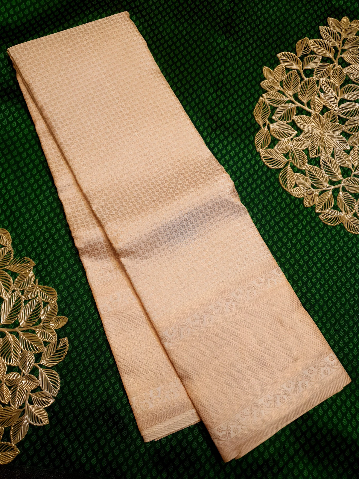 2G Pure Kanjivaram Silk Saree in Cream with All-Over Zari Buttas & Rich Copper Zari Border | Silkmark Certified