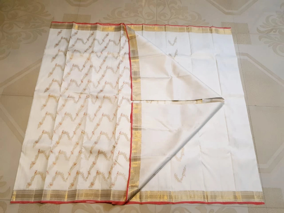 3Gram Pure Zari Kanjivaram Silk Saree in Half White with Chilli Red Border & Gold Zari Floral Parrot Motifs | Silkmark Certified