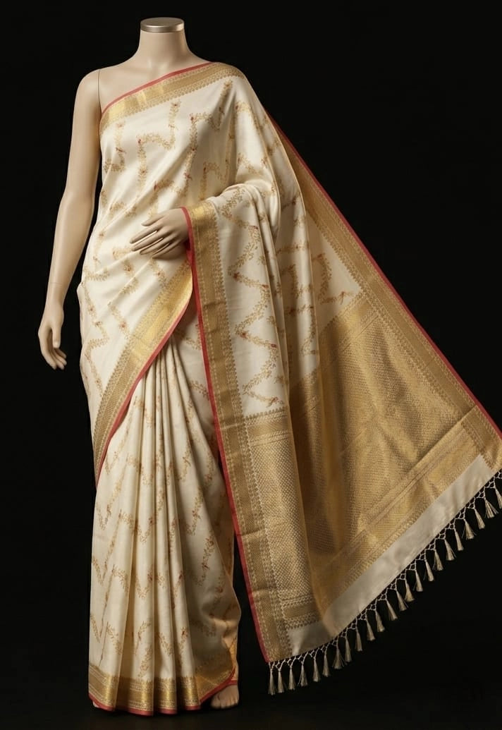 3Gram Pure Zari Kanjivaram Silk Saree in Half White with Chilli Red Border & Gold Zari Floral Parrot Motifs | Silkmark Certified