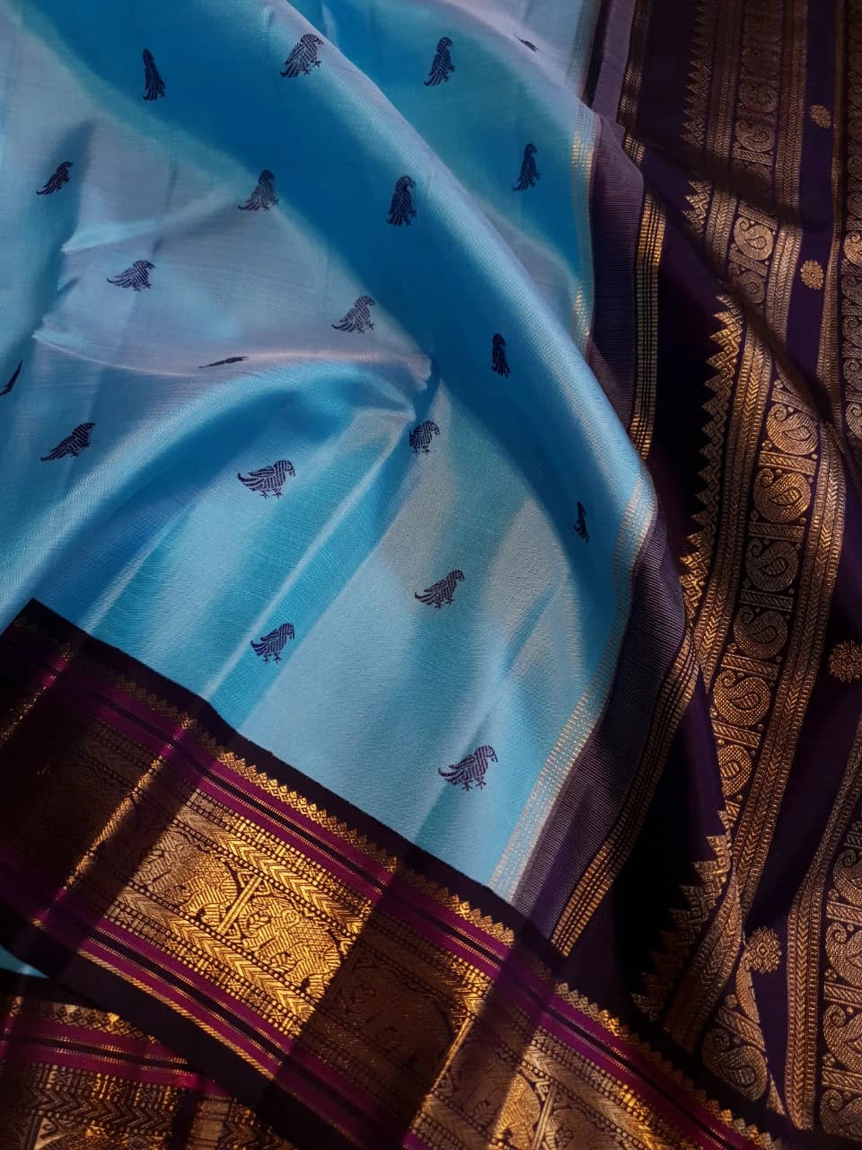 3Gram Pure Zari Kanjivaram Silk Saree in Light Ananda Blue with Rich Gold Zari Peacock Border & Traditional Broad Pallu | Silkmark Certified