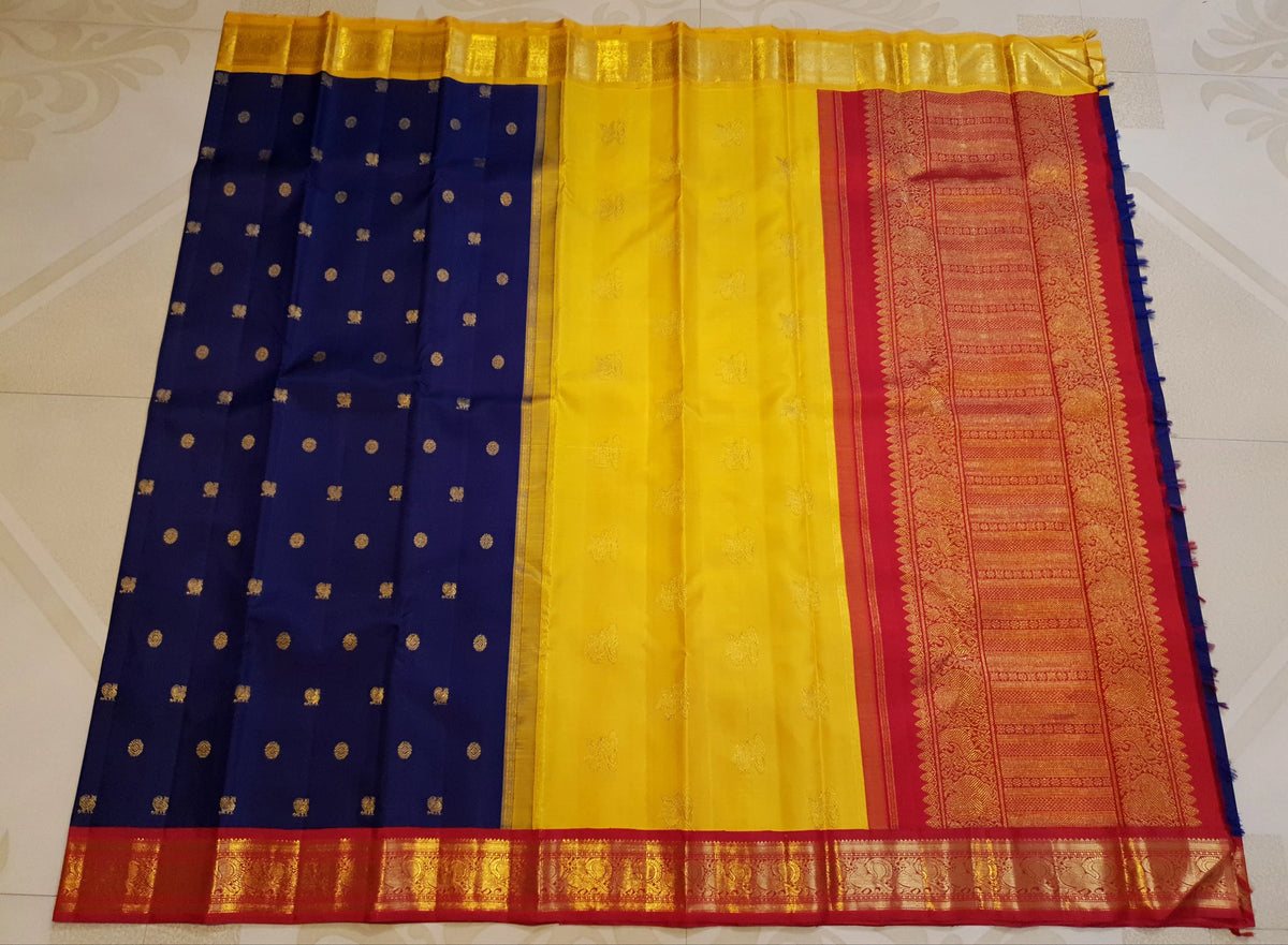 3 Gram Pure Zari Kanjivaram Silk Saree in Navy Blue with Double Zari Rich Pallu | Silkmark Certified