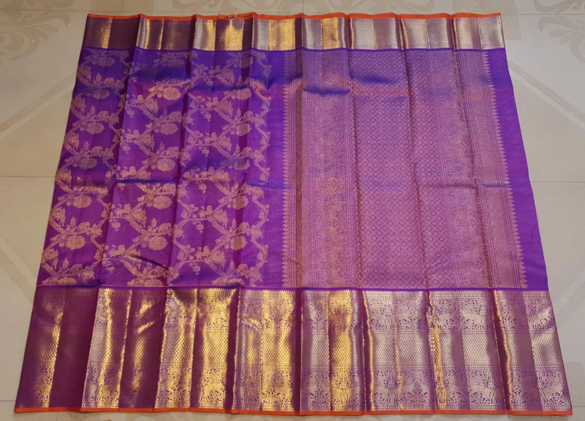 2G Pure Zari Kanjivaram Silk Saree in Rich Purple with Antique Gold Floral Jaal, Grand Zari Border & Orange Selvedge | Silkmark Certified