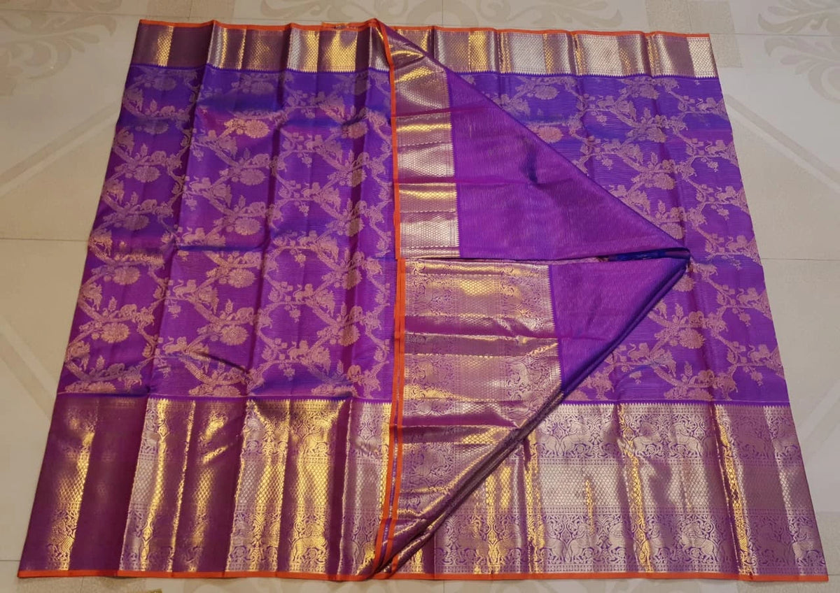 2G Pure Zari Kanjivaram Silk Saree in Rich Purple with Antique Gold Floral Jaal, Grand Zari Border & Orange Selvedge | Silkmark Certified