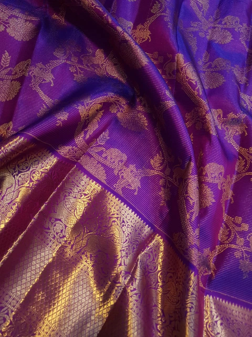 2G Pure Zari Kanjivaram Silk Saree in Rich Purple with Antique Gold Floral Jaal, Grand Zari Border & Orange Selvedge | Silkmark Certified