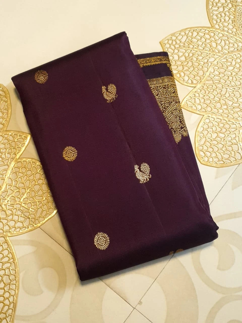 2G Pure Kanjivaram Silk Saree in Deep Wine Purple with Rich Gold Zari Floral Border & Traditional Butta | Silkmark Certified
