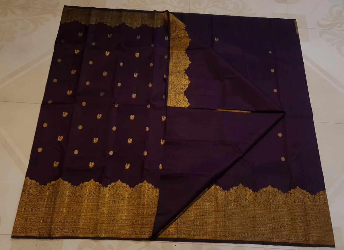 2G Pure Kanjivaram Silk Saree in Deep Wine Purple with Rich Gold Zari Floral Border & Traditional Butta | Silkmark Certified