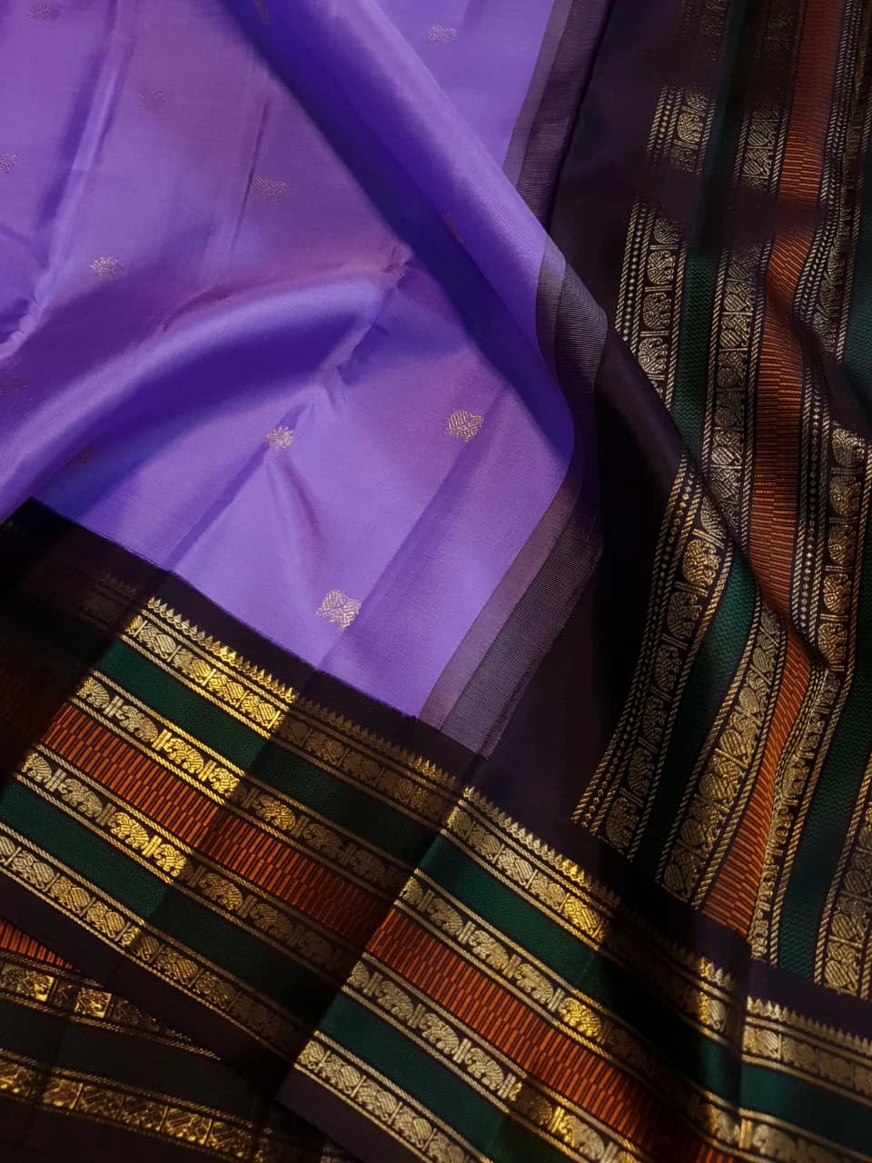 2G Pure Korvai Kanjivaram Silk Saree in Purple with Black & Gold Zari Elephant Border & Peacock Butta | Prahla Silks