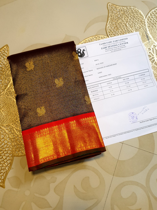 3G Korvai Pure Kanjivaram Silk Saree Brown Red Chilli Border | Bridal Silk Saree