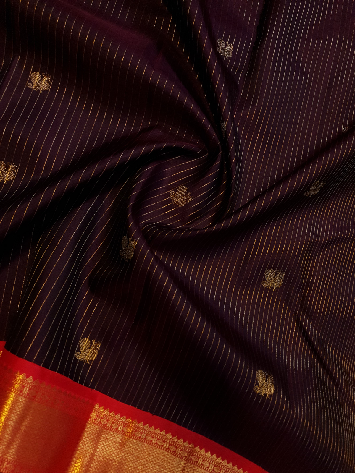 3G Korvai Pure Kanjivaram Silk Saree Brown Red Chilli Border | Bridal Silk Saree