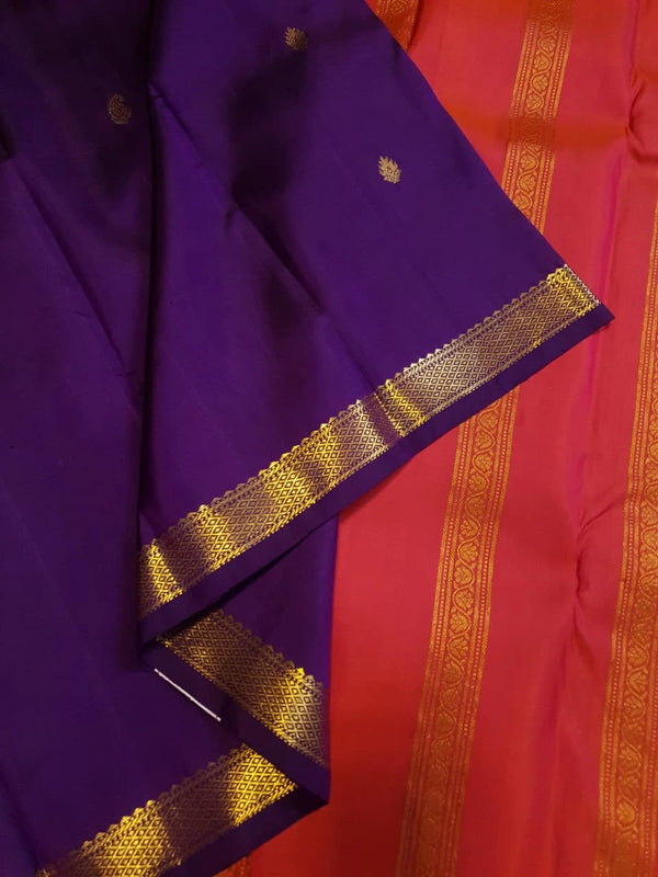 2G Purple Kanjivaram Silk Saree with Gold Zari Border & Coral Pink Pallu