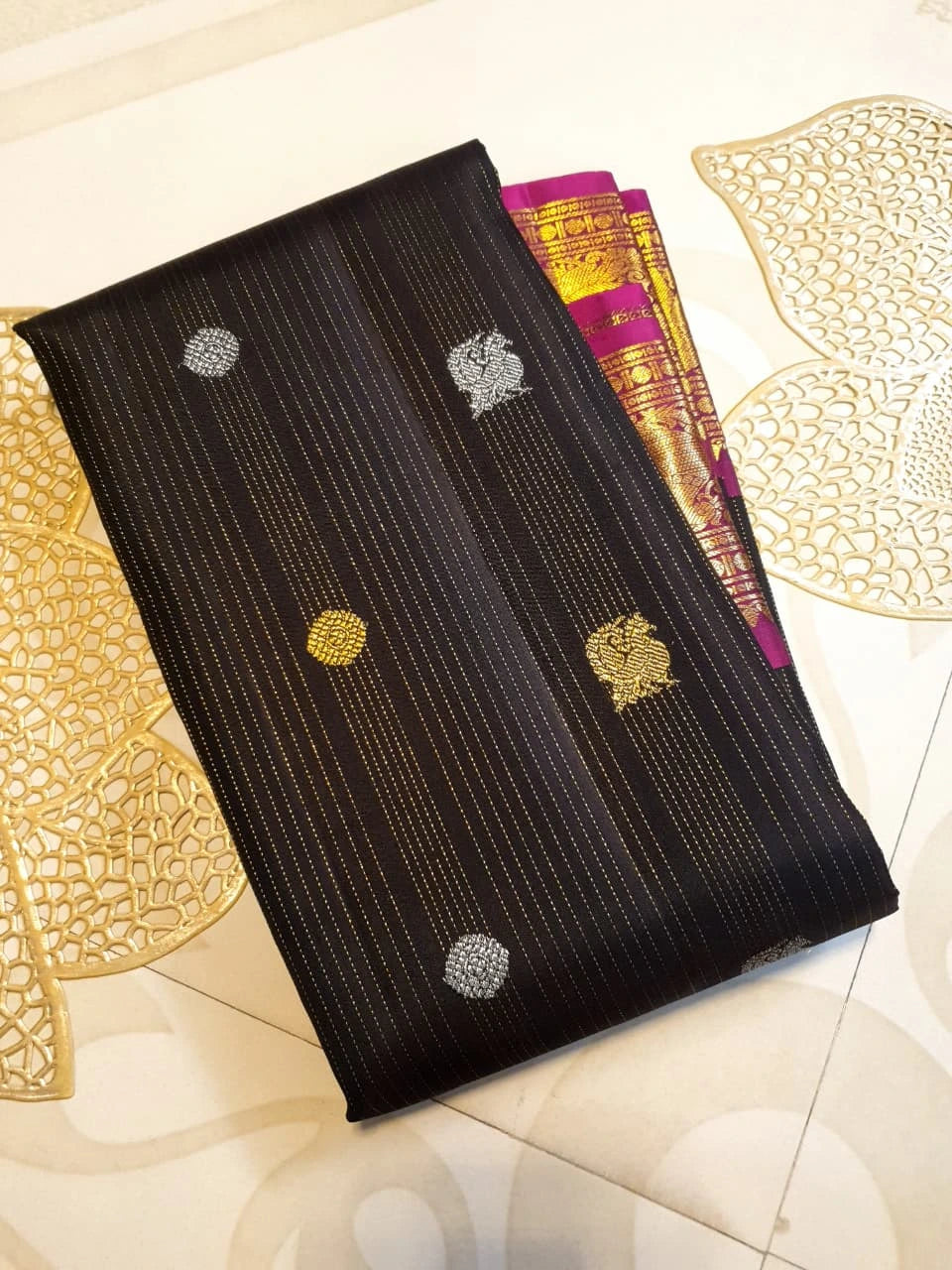 2G Pure Black Korvai Kanjivaram Silk Saree with Magenta Border | Silk Mark Certified