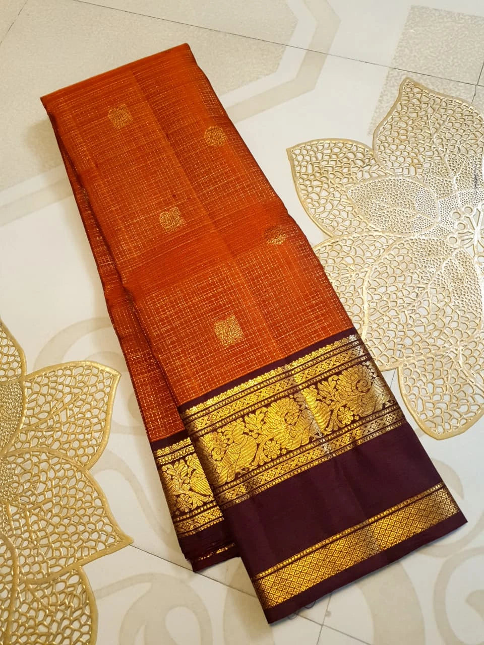 2G Pure Rust Orange Pure Kanjivaram Silk Saree with Maroon Peacock Border | Silkmark Certified