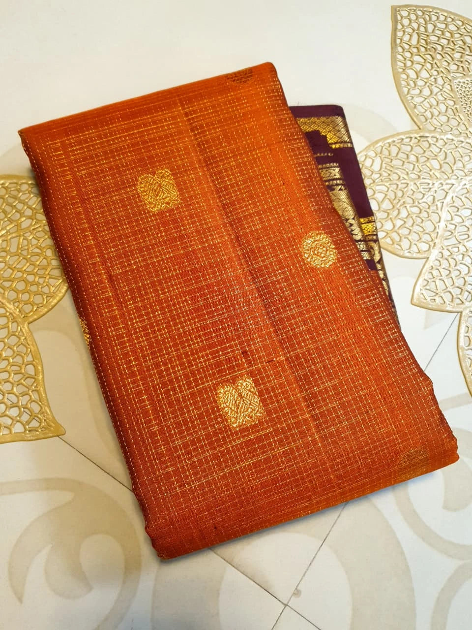 2G Pure Rust Orange Pure Kanjivaram Silk Saree with Maroon Peacock Border | Silkmark Certified