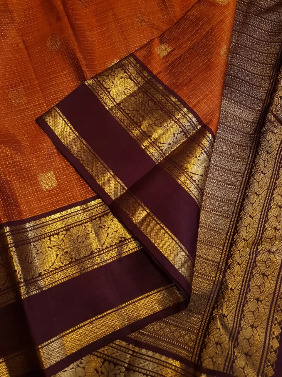 2G Pure Rust Orange Pure Kanjivaram Silk Saree with Maroon Peacock Border | Silkmark Certified