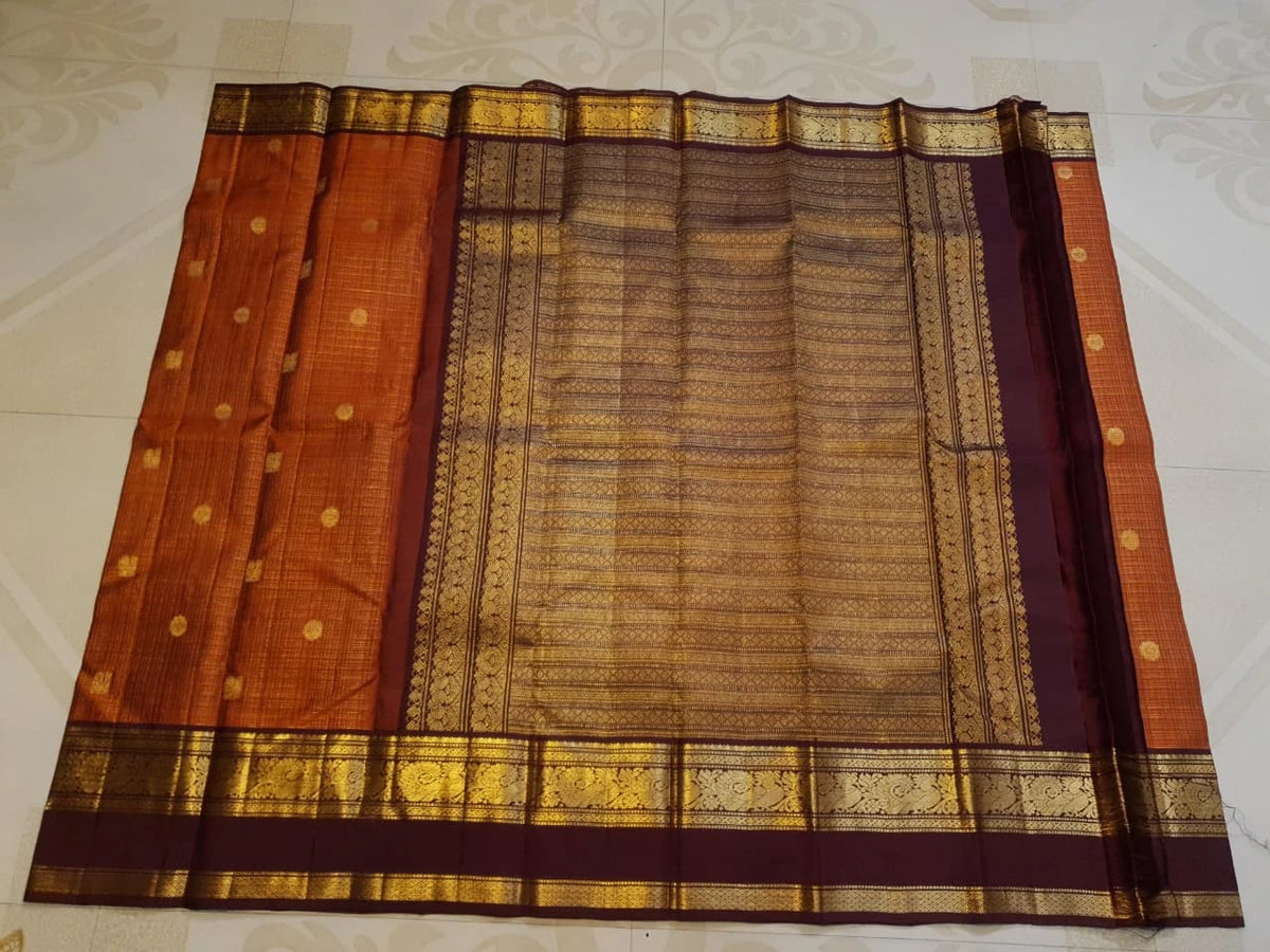 2G Pure Rust Orange Pure Kanjivaram Silk Saree with Maroon Peacock Border | Silkmark Certified
