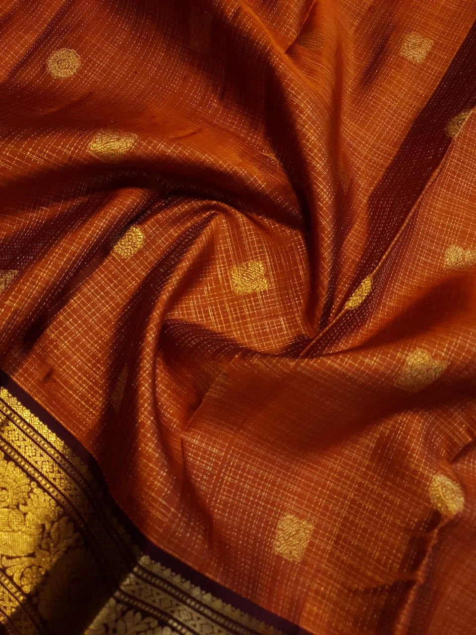 2G Pure Rust Orange Pure Kanjivaram Silk Saree with Maroon Peacock Border | Silkmark Certified