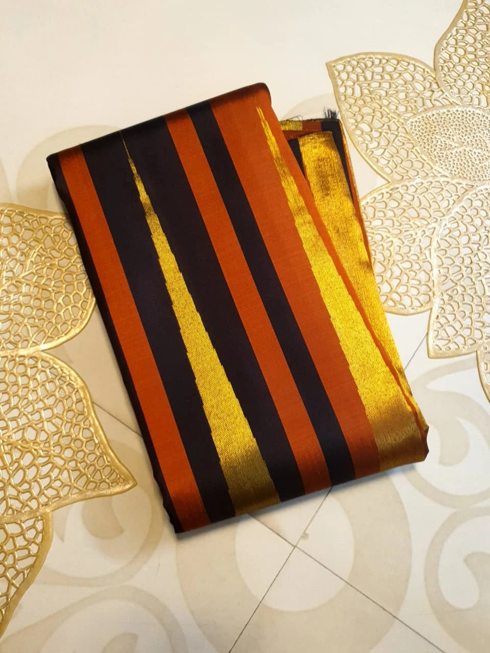 2G Pure Kanjivaram Silk Saree in Rust Orange & Brown | Golden Zari
