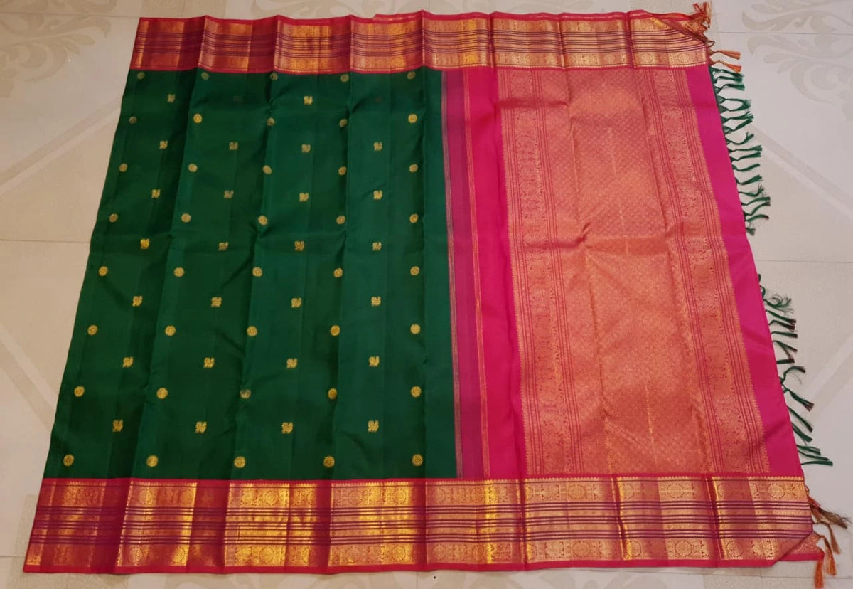 2G Pure Korvai Kanjivaram Silk Saree in Deep Green with Rich Red-Pink Peacock Border & Butta | Silkmark Certified